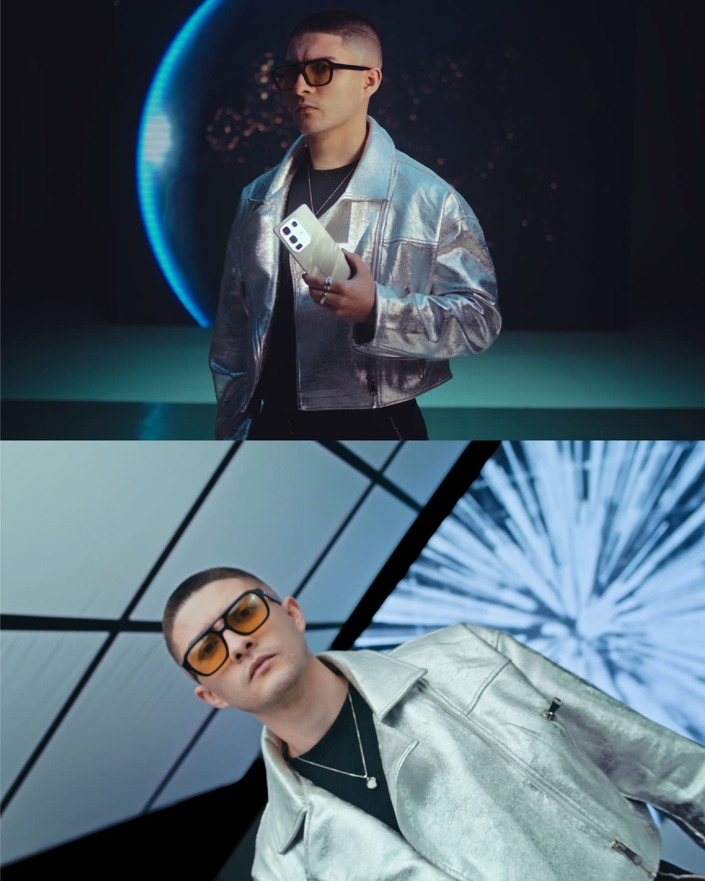 Campaña Infinix: retrato del creador Alex Ponce con chaqueta plateada sosteniendo el smartphone.