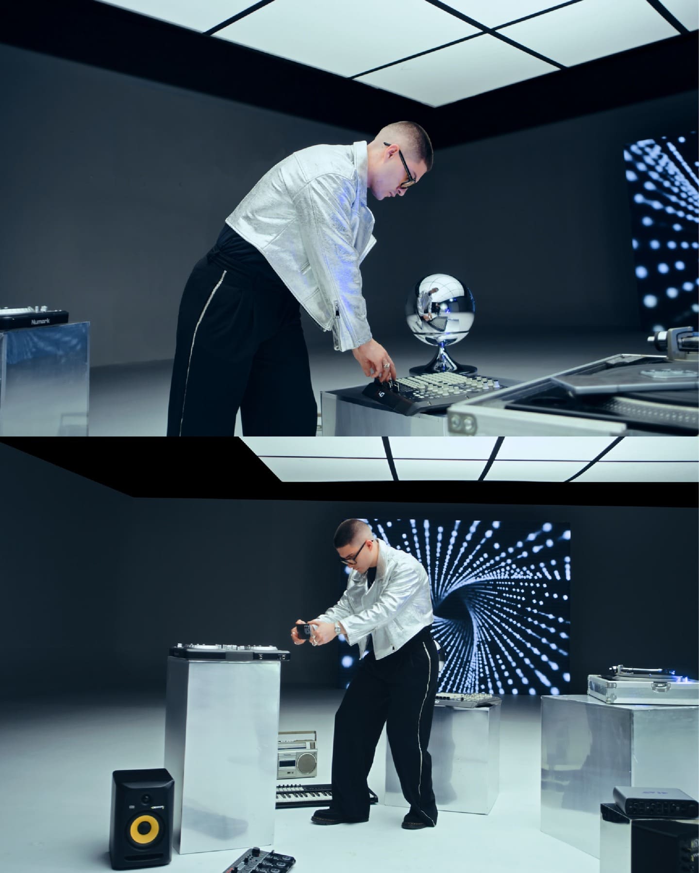 Campaña Infinix: Alex Ponce con chaqueta plateada sosteniendo el smartphone, fondo azul digital.