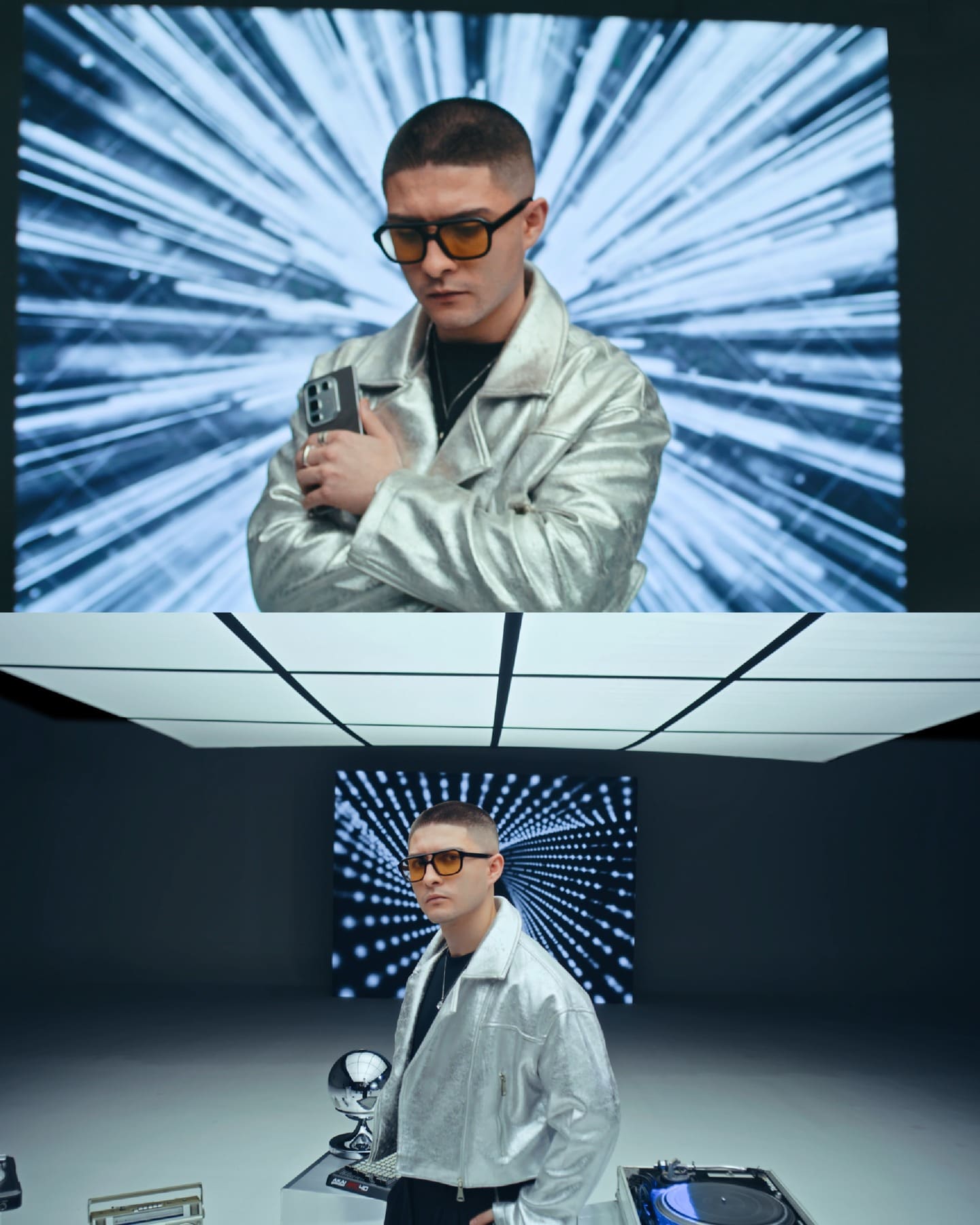 Campaña Infinix: Alex Ponce con chaqueta plateada junto a equipo de DJ y una esfera espejada.